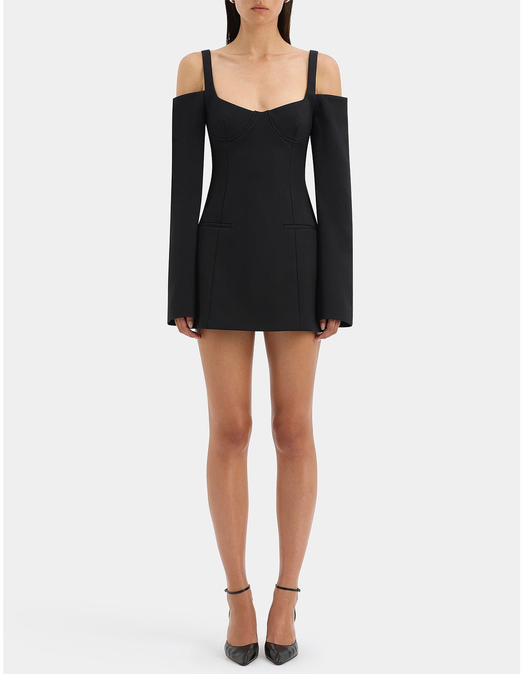 Black off-shoulder dress worn by a model on a white background