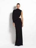Black evening gown with cut-out design on a white background
