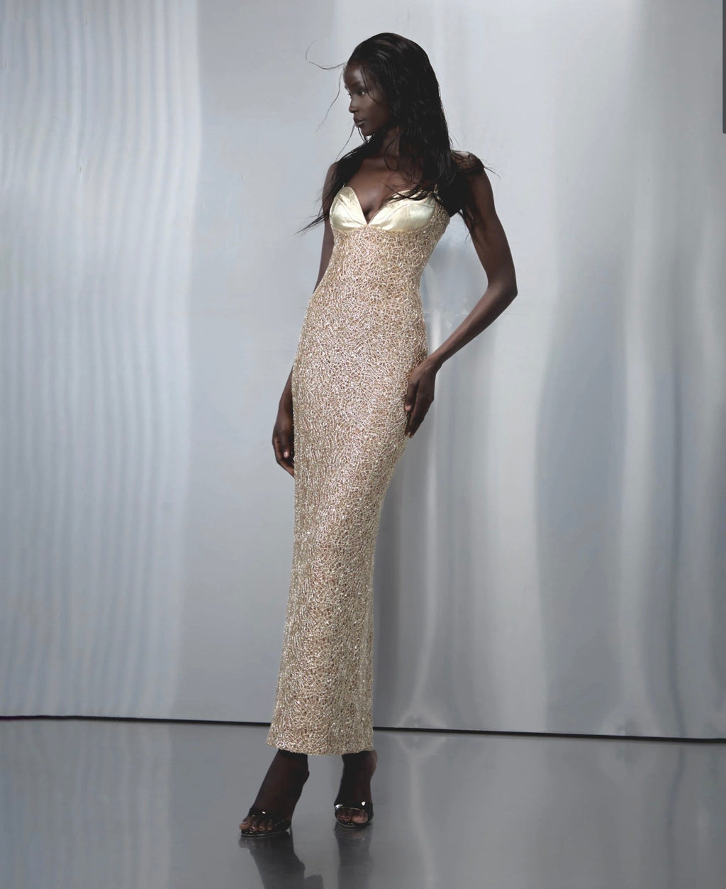 A model wearing a floor-length champagne beige sequined gown with a sweetheart neckline, standing against a light gray draped studio backdrop.