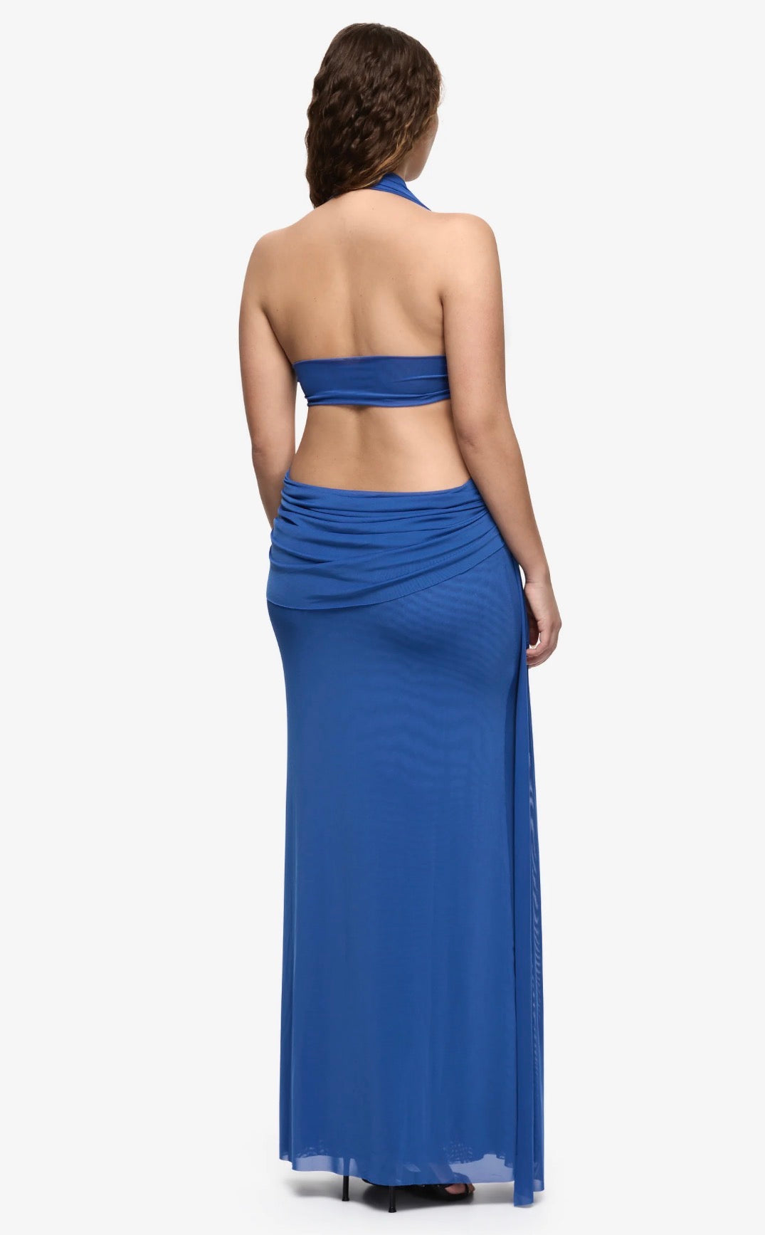 Back view of a model wearing the Charlize Halter Maxi Dress in Cobalt, featuring a halter neckline, open back, draped waist detailing and a flowing floor-length mesh skirt.