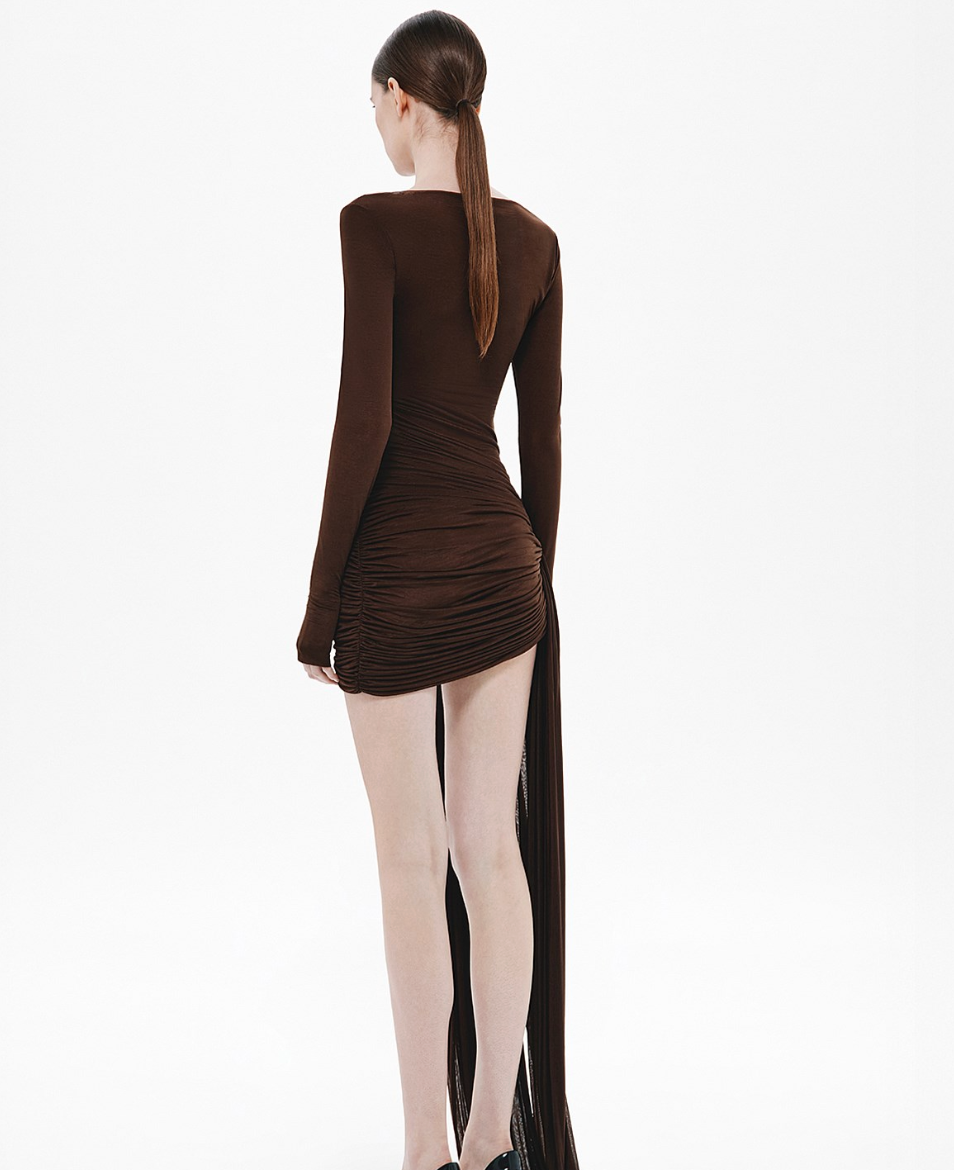 Brown dress with a high slit on a white background